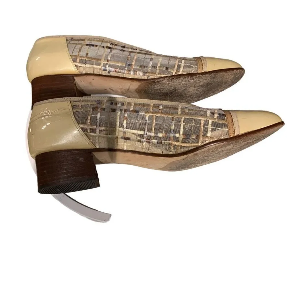 Pupi Camagna Vintage Leather & Cloth Loafers Cream‎ Vibram Sole Italy 9 Wmn